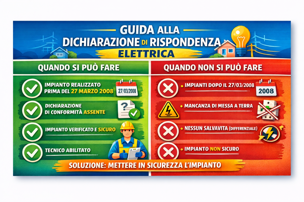 Hai bisogno della Dichiarazione di conformità dell’impianto elettrico a Genova o in Provincia di Genova e ti chiedono la Di.Ri.?
È una richiesta frequente durante vendite immobiliari, affitti, ristrutturazioni o verifiche tecniche, soprattutto per abitazioni costruite prima del 2008.