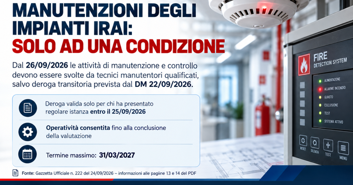 Nel settore della sicurezza antincendio entra definitivamente in vigore un passaggio importante, che interessa direttamente aziende, attività produttive, amministratori e responsabili della sicurezza nei luoghi di lavoro. Con il Decreto del Ministero dell’Interno del 22 settembre 2026, pubblicato sulla Gazzetta Ufficiale della Repubblica Italiana – Serie Generale n. 222 del 24 settembre 2026, sono state […]